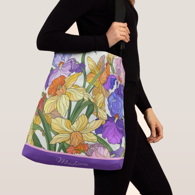 Pretty floral, painted irises, personalised crossbody bag (Close Up)