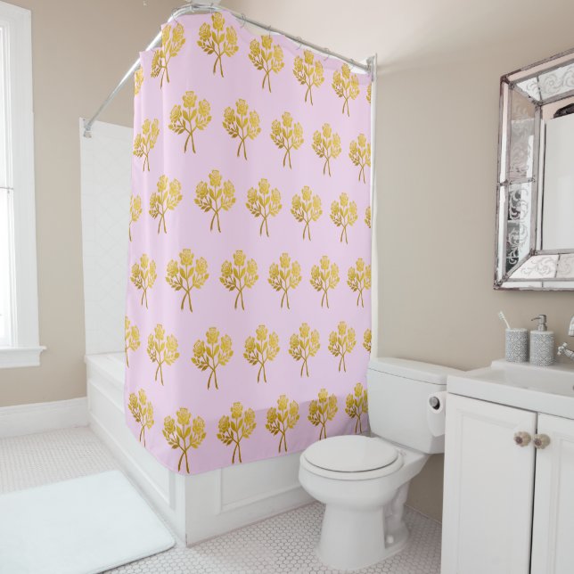 Pretty Floral Pale Pink Faux Gold Flowers Roses Shower Curtain (In Situ)