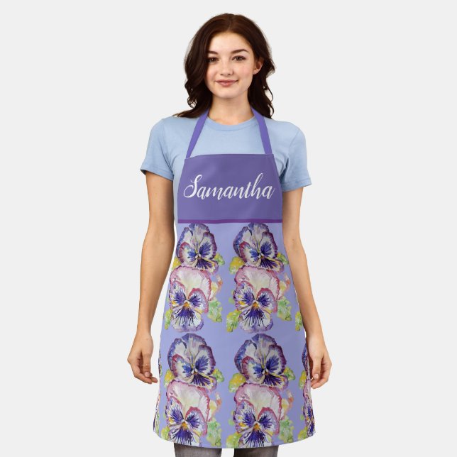 Pretty Floral Pastel Pansy Purple Womans Art Apron (Worn)