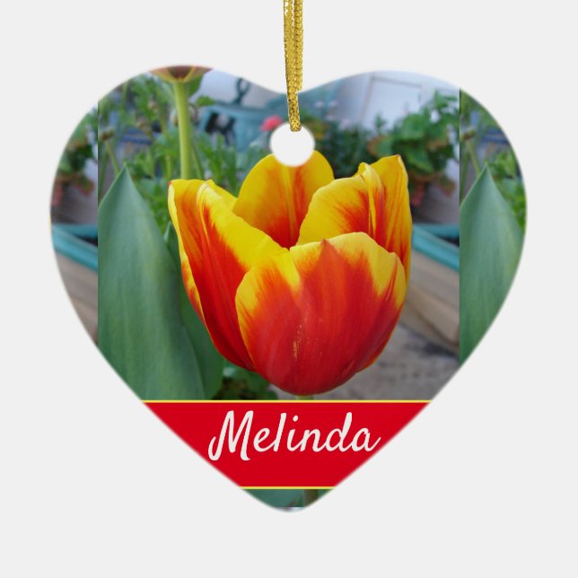 Pretty Floral Pastel Tulip Red Womans Ceramic Ornament (Front)