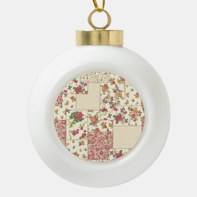 Pretty Floral Patchwork Seamless Design Ceramic Ball Christmas Ornament (Front)