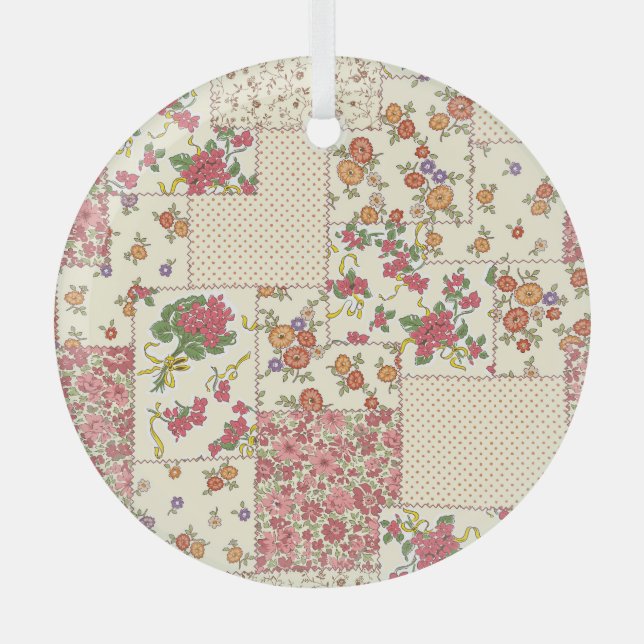 Pretty Floral Patchwork Seamless Design Glass Tree Decoration (Front)