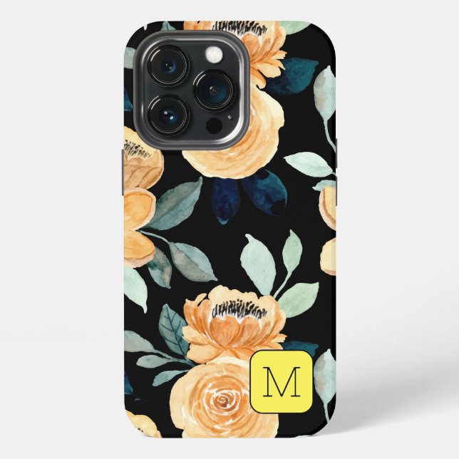 Pretty floral pattern Black Beige Blue Initial iPhone Case (Back)