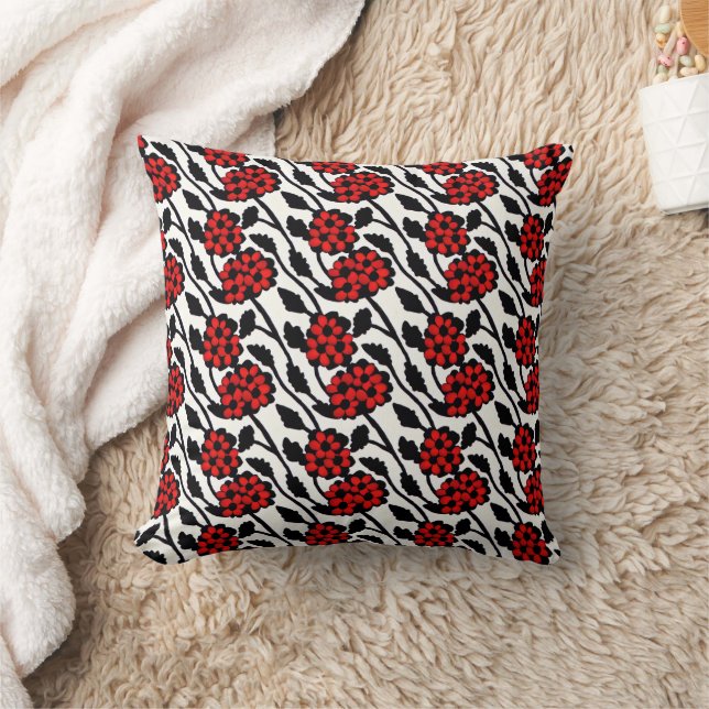 Pretty Floral Pattern in Red, Black and White Cushion (Blanket)