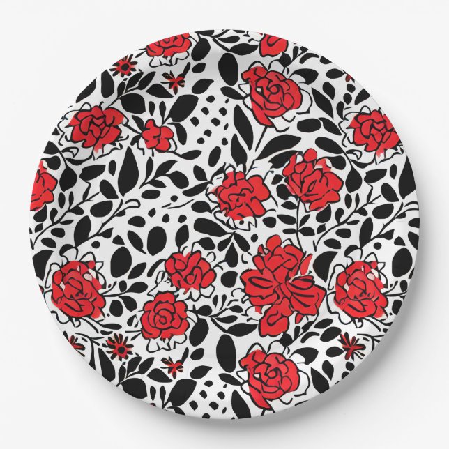 Pretty Floral Pattern in Red, Black and White Paper Plate (Front)