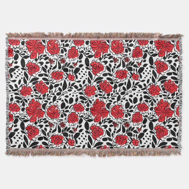 Pretty Floral Pattern in Red, Black and White Throw Blanket (Front)
