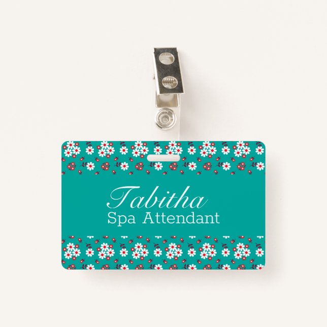 Pretty Floral Pattern on Aqua  ID Badge (Front with Clip)