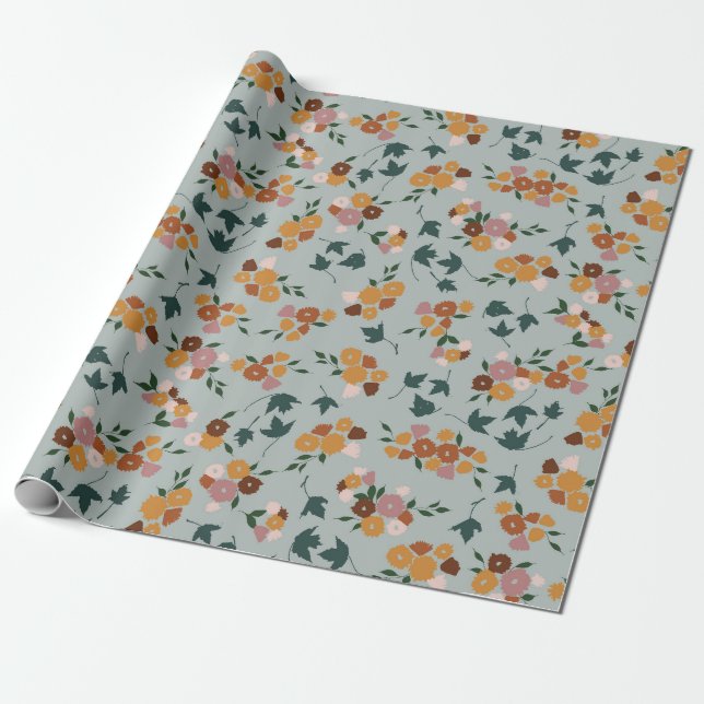 Pretty Floral Pattern on Light Blue Background Wrapping Paper (Unrolled)