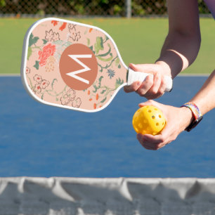 Pretty Floral Pattern Terracotta Monogram Pickleball Paddle