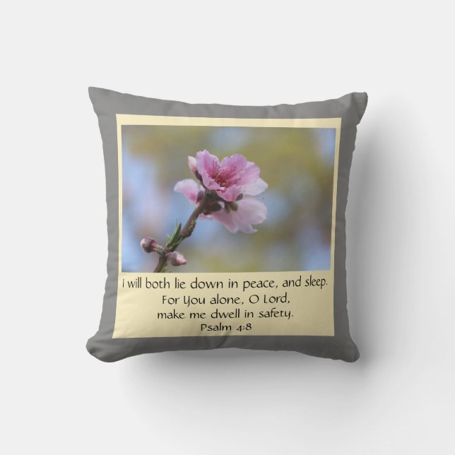 Pretty Floral, Peach Blossom, w Verse (Psalm 4:8) Cushion (Front)