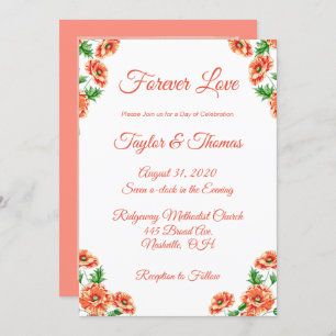 Pretty Floral Peach Orange Script Wedding Invitation