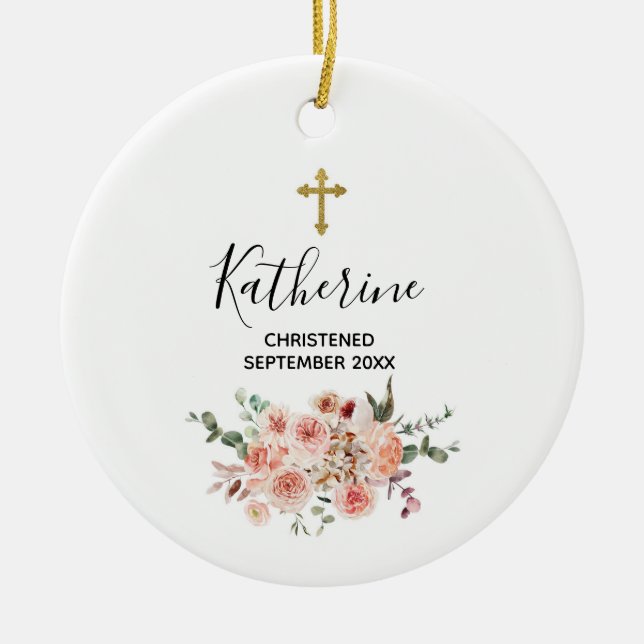 Pretty Floral Personalised Christening Baby Girl  Ceramic Ornament (Front)