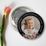 Pretty Floral Photo Memorial Keepsake Funeral 3 Cm Round Badge<br><div class="desc">Honour your loved one with this beautiful button featuring a photo highlighted by a bouquet of pretty watercolor flowers.  Add your custom text to personalise.  Easily change the background colour to suit your needs. The perfect keepsake memory to hand out to family and friends.</div>