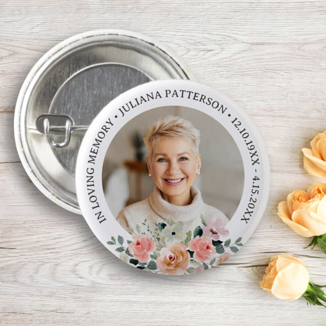 Pretty Floral Photo Memorial Keepsake Funeral 3 Cm Round Badge (Creator Uploaded)