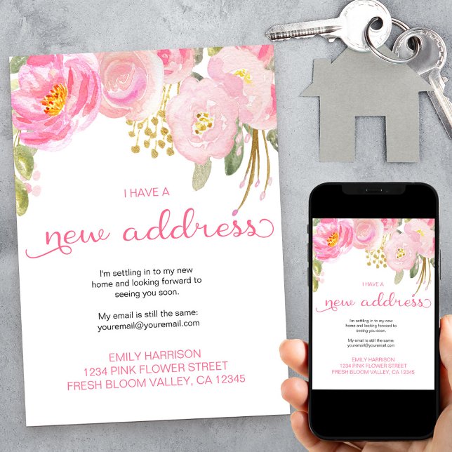 Pretty Floral Pink and Gold New Address Announcement (Creator Uploaded)