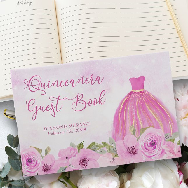Pretty Floral Pink and Gold Princess Quinceanera Guest Book (Quinceanera Guest Book from my Galaxy Floral Princess Quinceanera collection
)