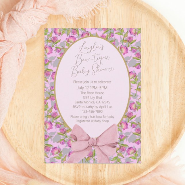 Pretty Floral Pink Bow Baby Shower Invitation (Creator Uploaded)
