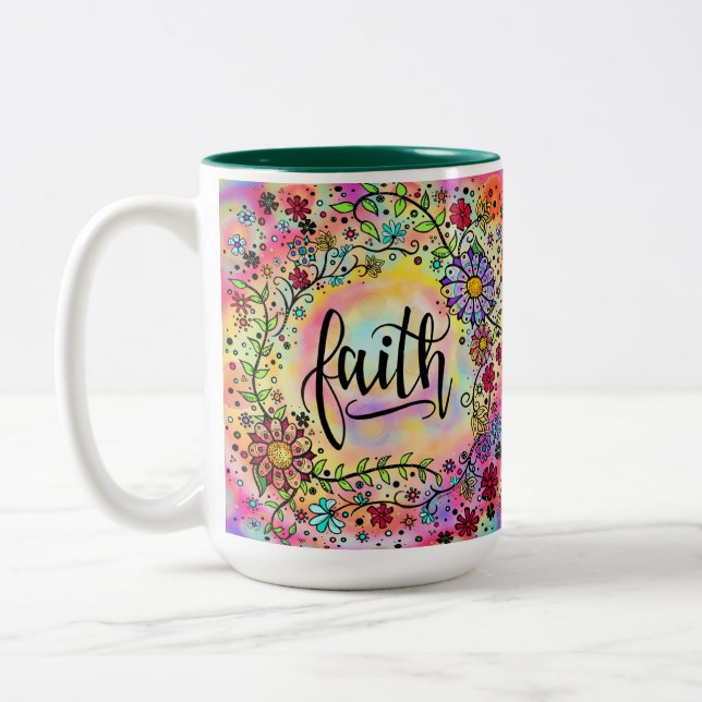 Pretty Floral Pink  FAITH Inspiring Two-Tone Coffee Mug (Left)