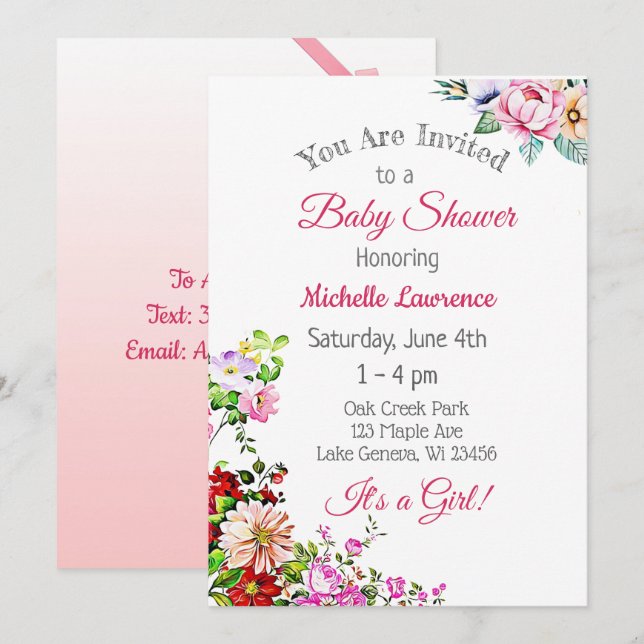 Pretty Floral Pink Girl's Baby Shower Invitation (Front/Back)