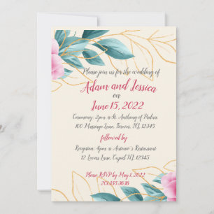 Pretty Floral Pink Gold Wedding  Invitation