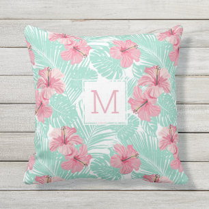Pretty Floral Pink Hibiscus Tropical Monogram Cushion