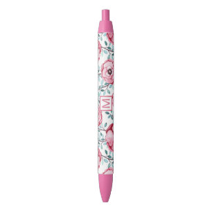 Pretty Floral Pink Monogram Black Ink Pen