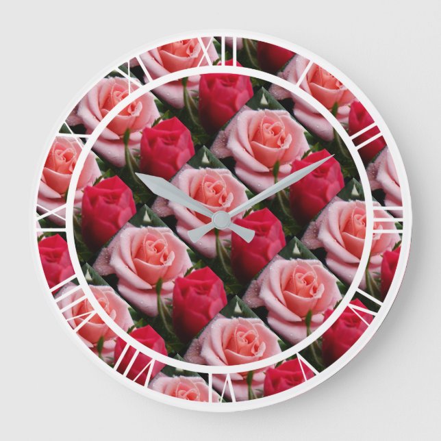 Pretty Floral Pink Red Roses Pattern Large Wall Clock (Front)
