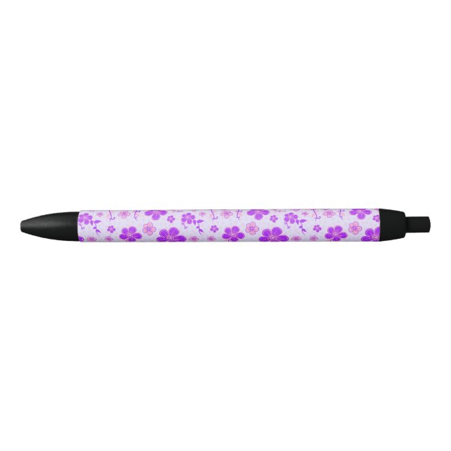 Pretty Floral Print Purple and Pink on Lavender Black Ink Pen (Front)