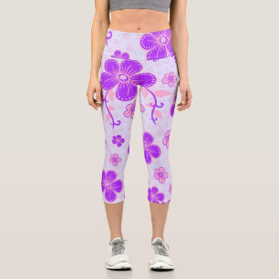 Pretty Floral Print Purple and Pink on Lavender Capri Leggings