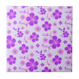 Pretty Floral Print Purple and Pink on Lavender Ceramic Tile