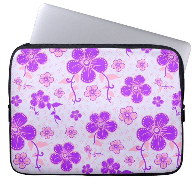 Pretty Floral Print Purple and Pink on Lavender Laptop Sleeve (Front)