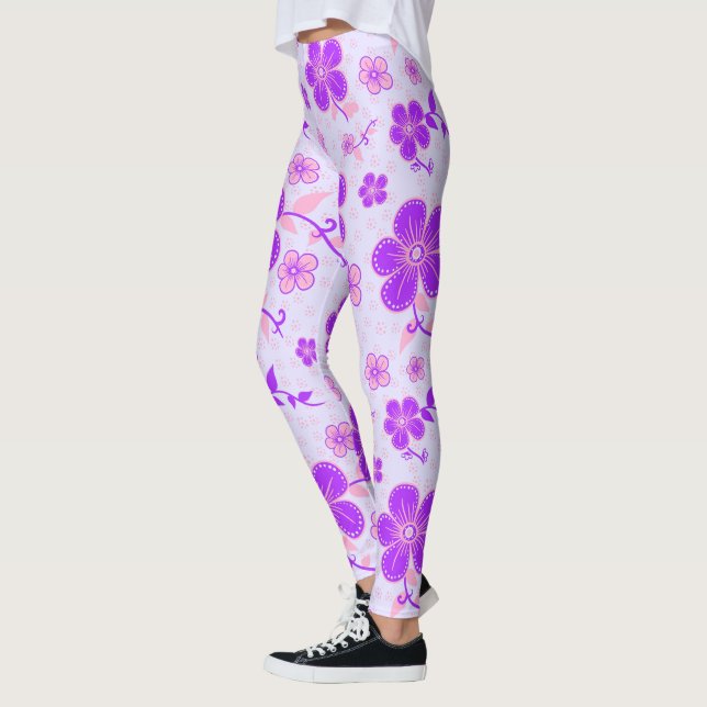 Pretty Floral Print Purple and Pink on Lavender Leggings (Left)