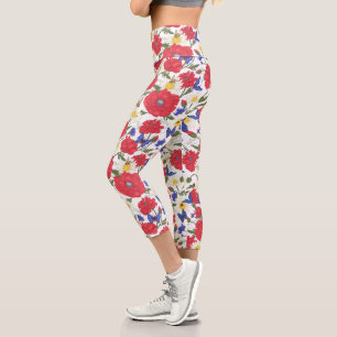 Pretty Floral Print Red Poppies Blue Wildflowers Capri Leggings