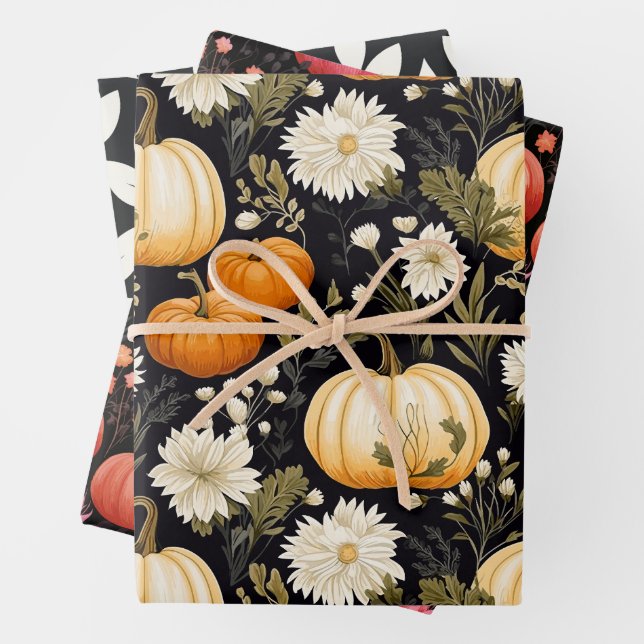 Pretty Floral Pumpkin Pattern Wrapping Paper Sheet (In situ)