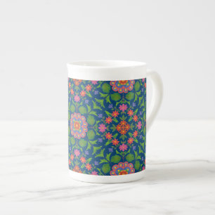 Pretty Floral Rangoli on Deep Blue Bone China Mug