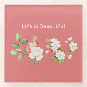 Pretty Floral Red Apple Fruit Glass Coaster
