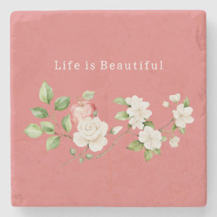 Pretty Floral Red Apple Fruit Stone Coaster