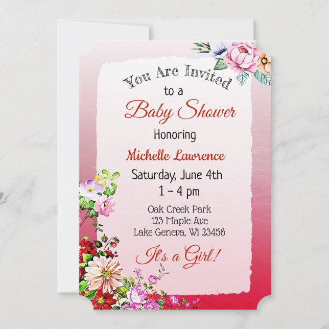 Pretty Floral Red Girl's Baby Shower Invitation (Front)