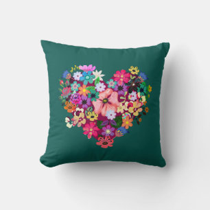 Pretty Floral Red Love Heart Flowers Cute Green Cushion