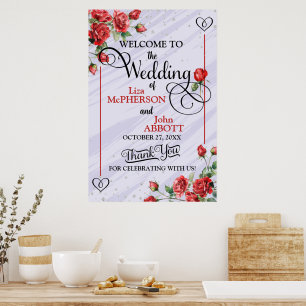 Pretty Floral Red Roses Wedding Welcome Poster
