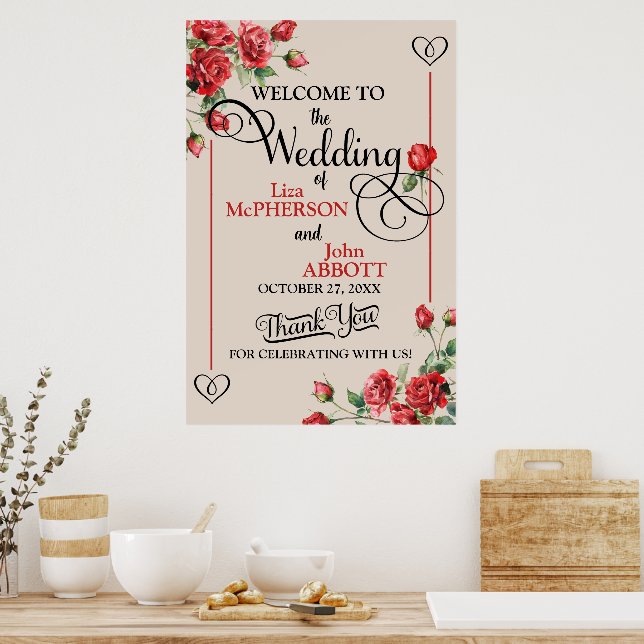 Pretty Floral Red Roses Wedding Welcome Sign (Kitchen)