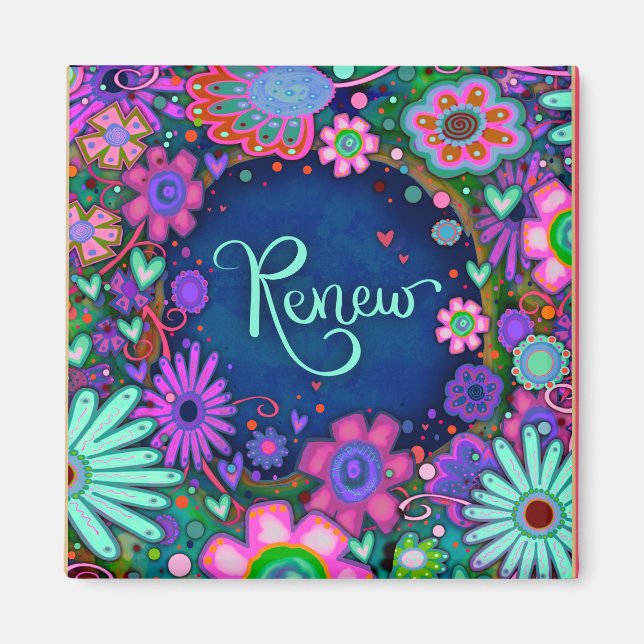 Pretty Floral Renew Blue Inspirational Hearts Magnet (Front)