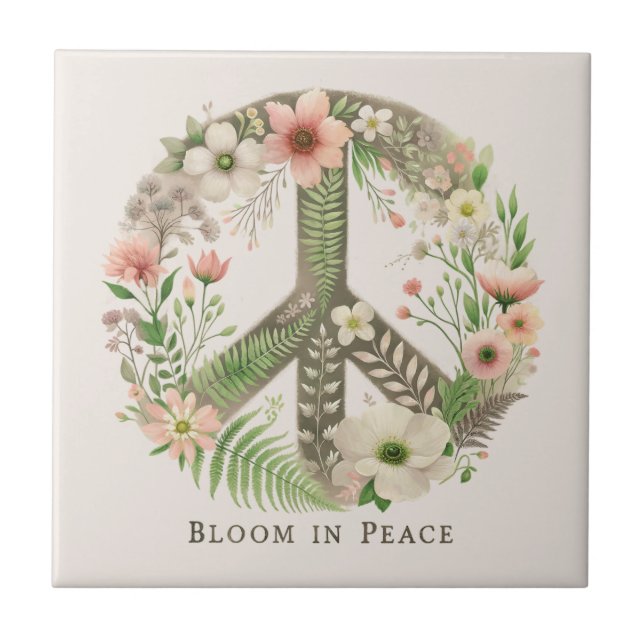 Pretty Floral Retro "Bloom in Peace" Peace Sign Ceramic Tile (Front)