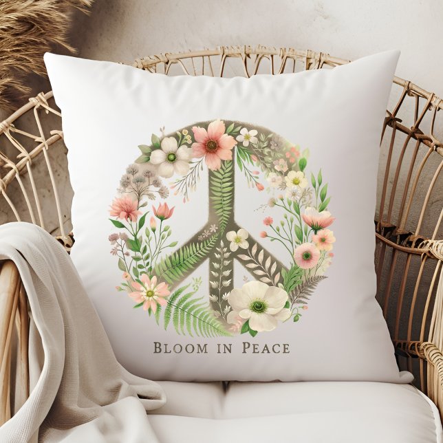 Pretty Floral Retro "Bloom in Peace" Peace Sign Cushion (Creator Uploaded)
