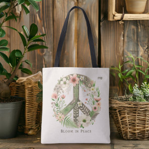 Pretty Floral Retro "Bloom in Peace" Peace Sign Tote Bag