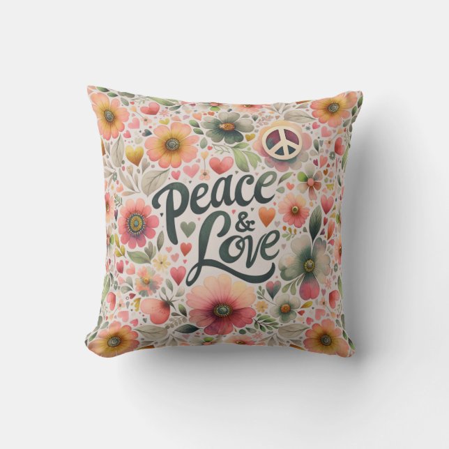 Pretty Floral Retro Peace & Love Cushion (Front)