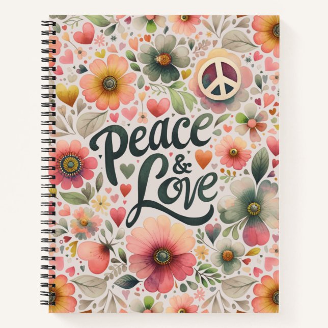Pretty Floral Retro Peace & Love Notebook (Front)