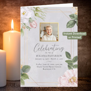 Pretty Floral Rose Photo Digital Funeral Program