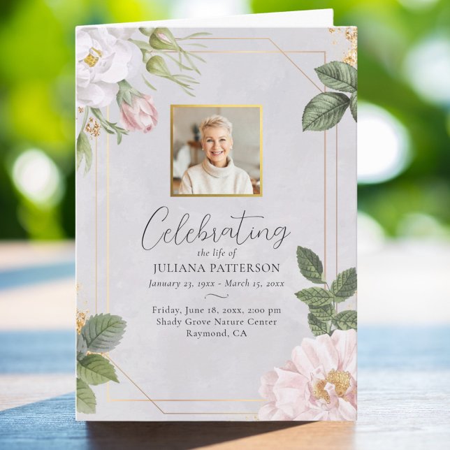 Pretty Floral Rose Photo Order of Service Funeral  Program (Creator Uploaded)