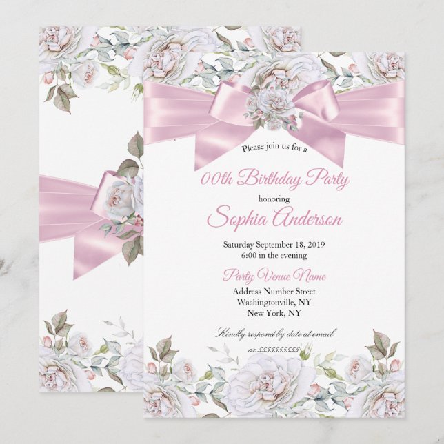 Pretty Floral Roses Pink White Birthday Party Invitation (Front/Back)